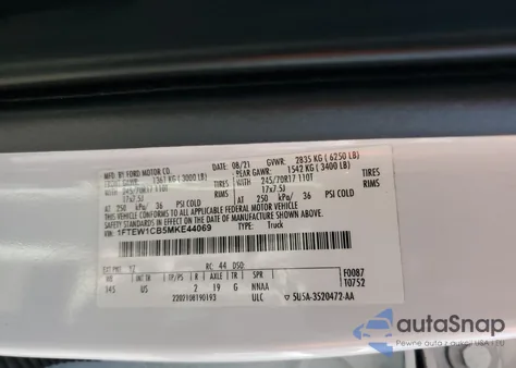 2021 Ford F150 Supercrew z USA, uszkodzony, nr VIN 1FTEW1CB5MKE44069